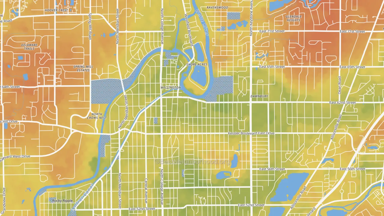 Bike Grade map of Broad Ripple, Indianapolis, IN