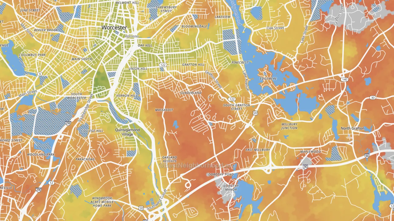 Bike Grade map of Broadmeadow Brook, Worcester, MA