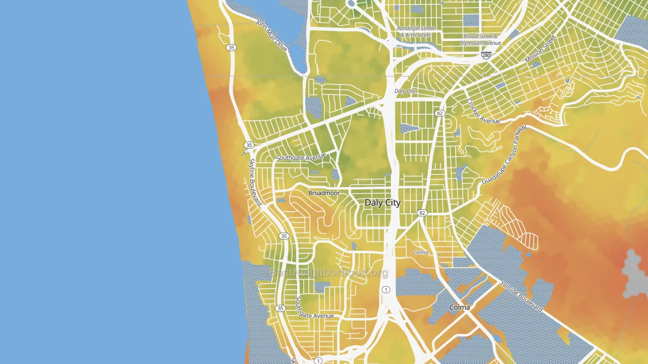 Bike Grade map of Broadmoor, Daly City, CA