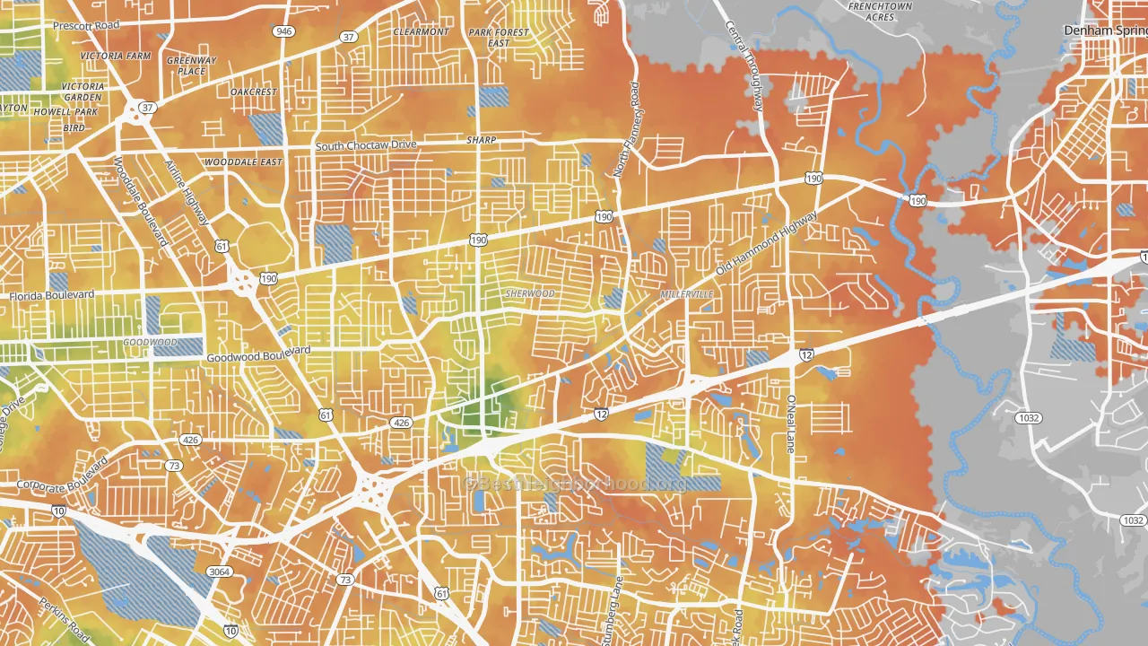 Bike Grade map of Broadmoor-Sherwood, Baton Rouge, LA