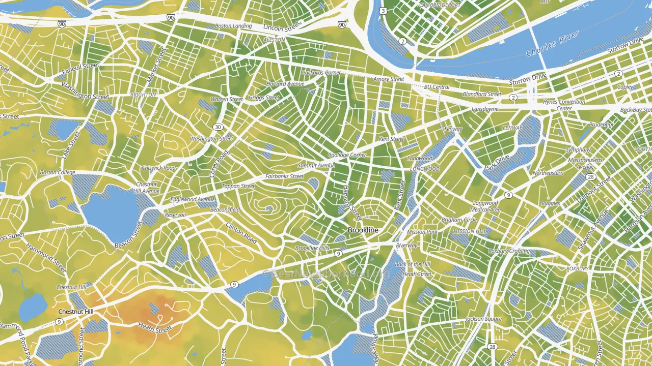 Bike Grade map of Brookline, MA