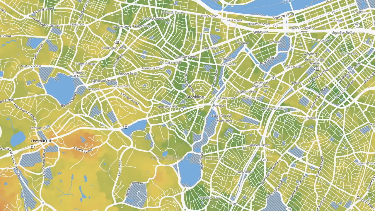 Bike Grade map of Brookline Village, Brookline, MA