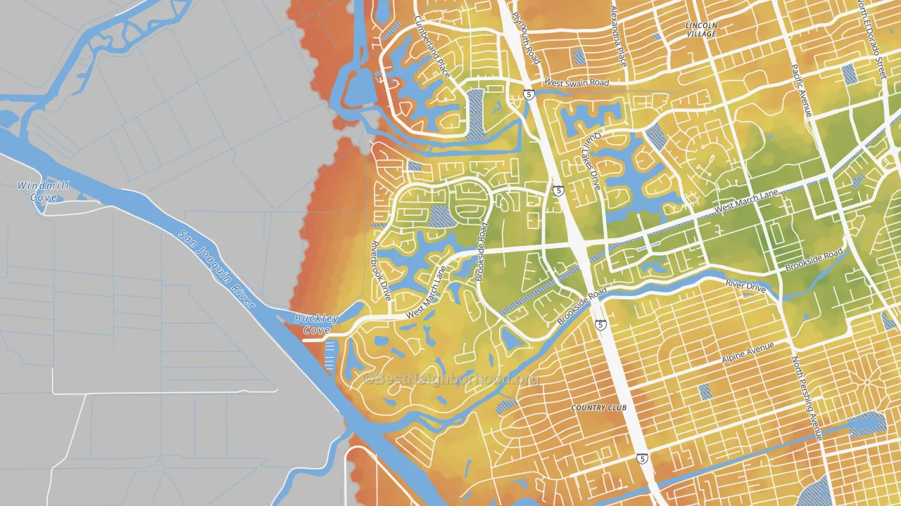 Bike Grade map of Brookside, Stockton, CA