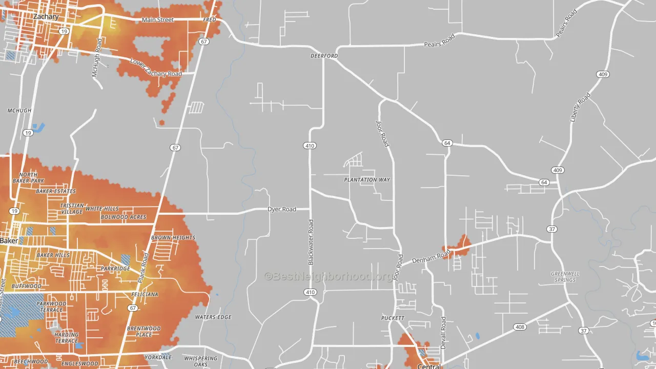 Bike Grade map of Brownsfield-Central, Baton Rouge, LA