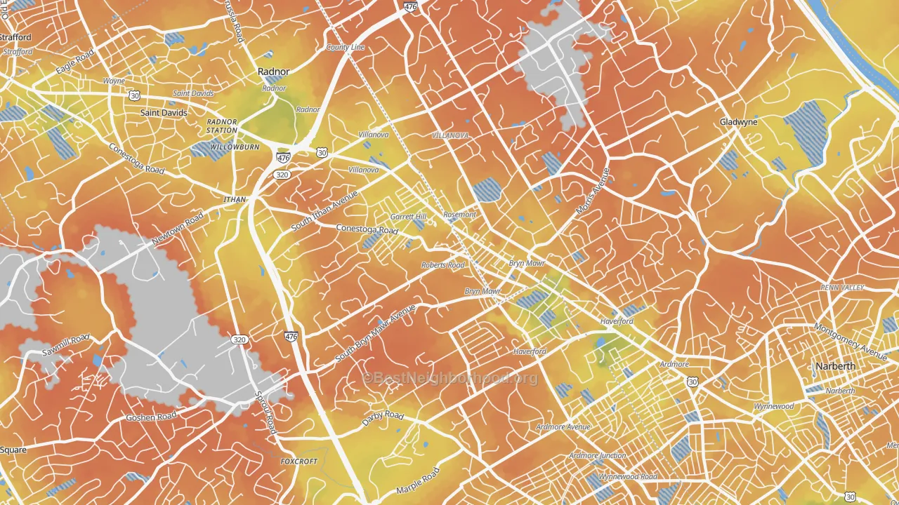Bike Grade map of Bryn Mawr, PA