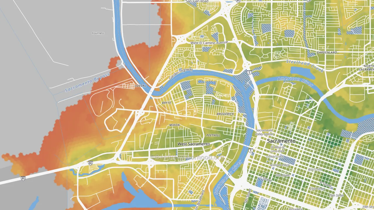 Bike Grade map of Bryte, West Sacramento, CA
