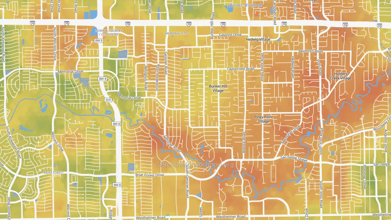 Bike Grade map of Bunker Hill Village, TX