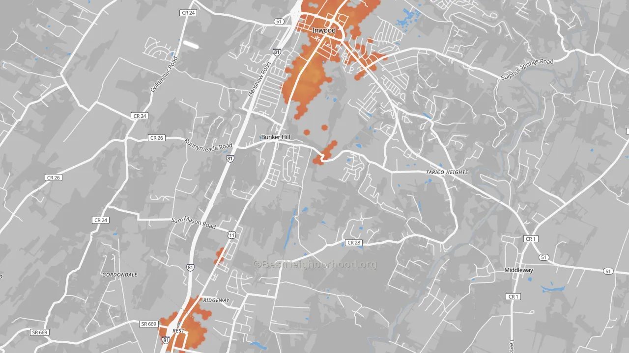 Bike Grade map of Bunker Hill, WV