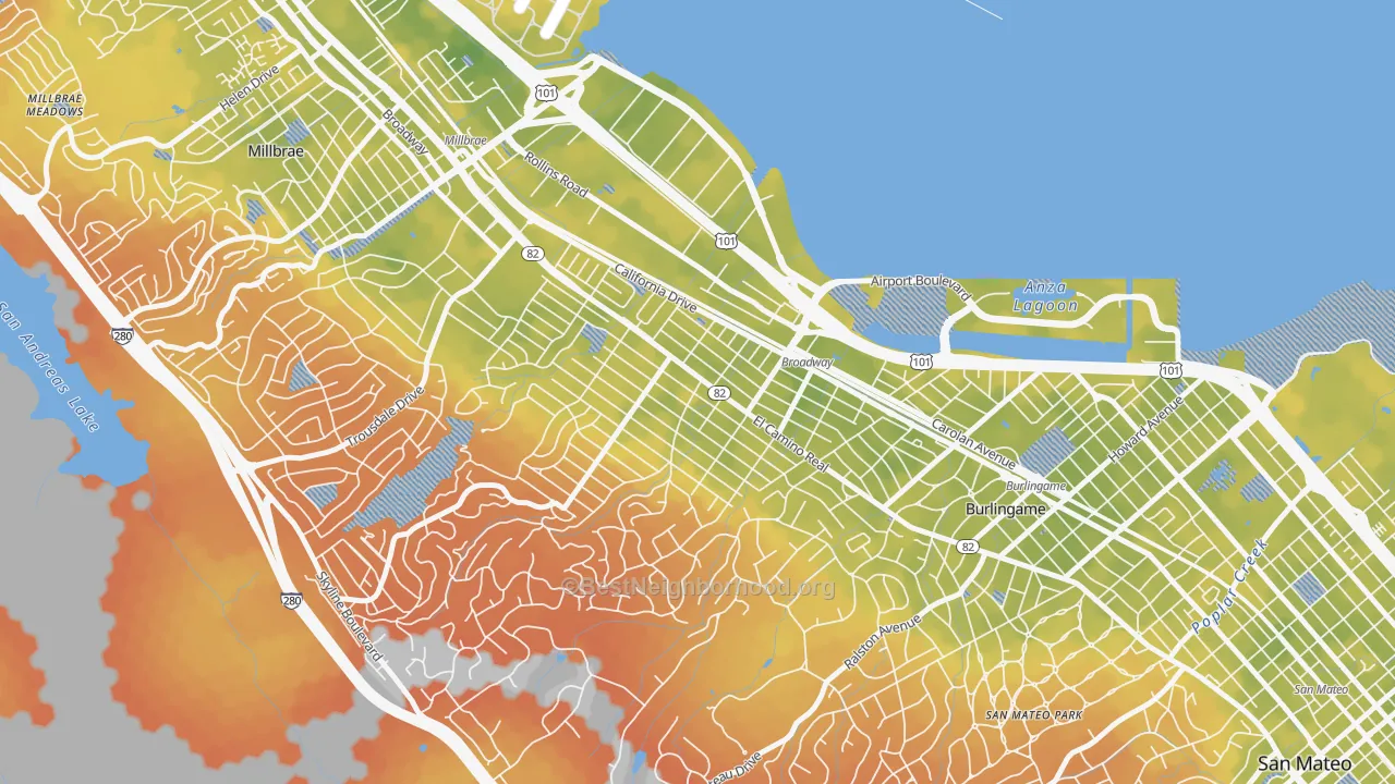 Bike Grade map of Burlingame Gate, Burlingame, CA