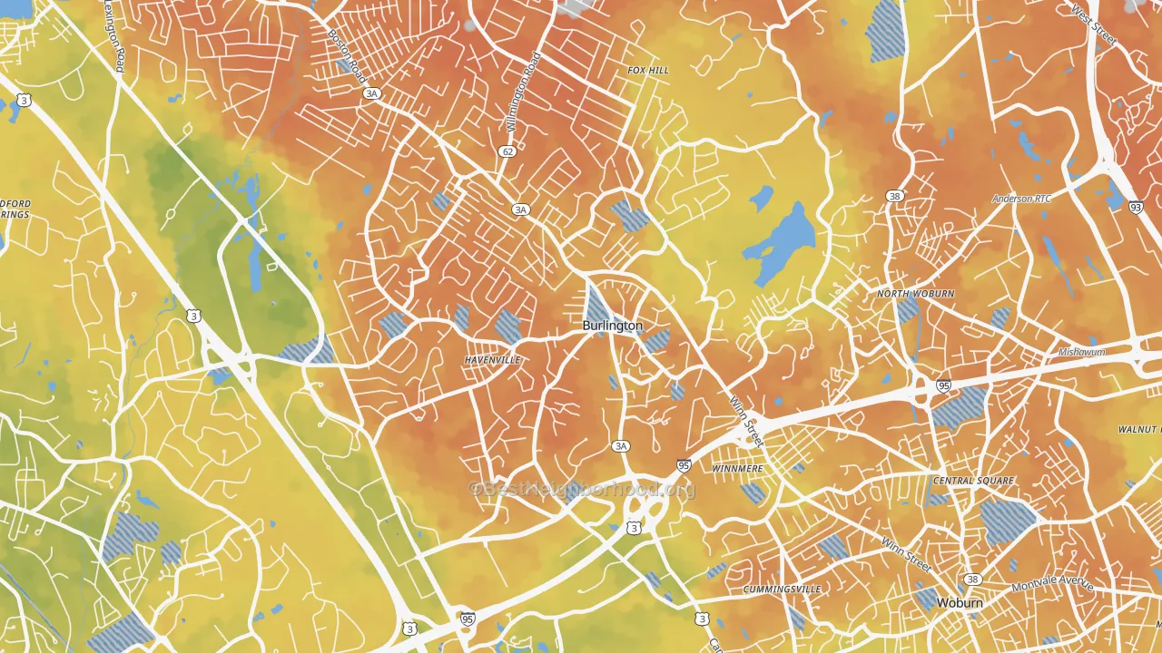 Bike Grade map of Burlington, MA