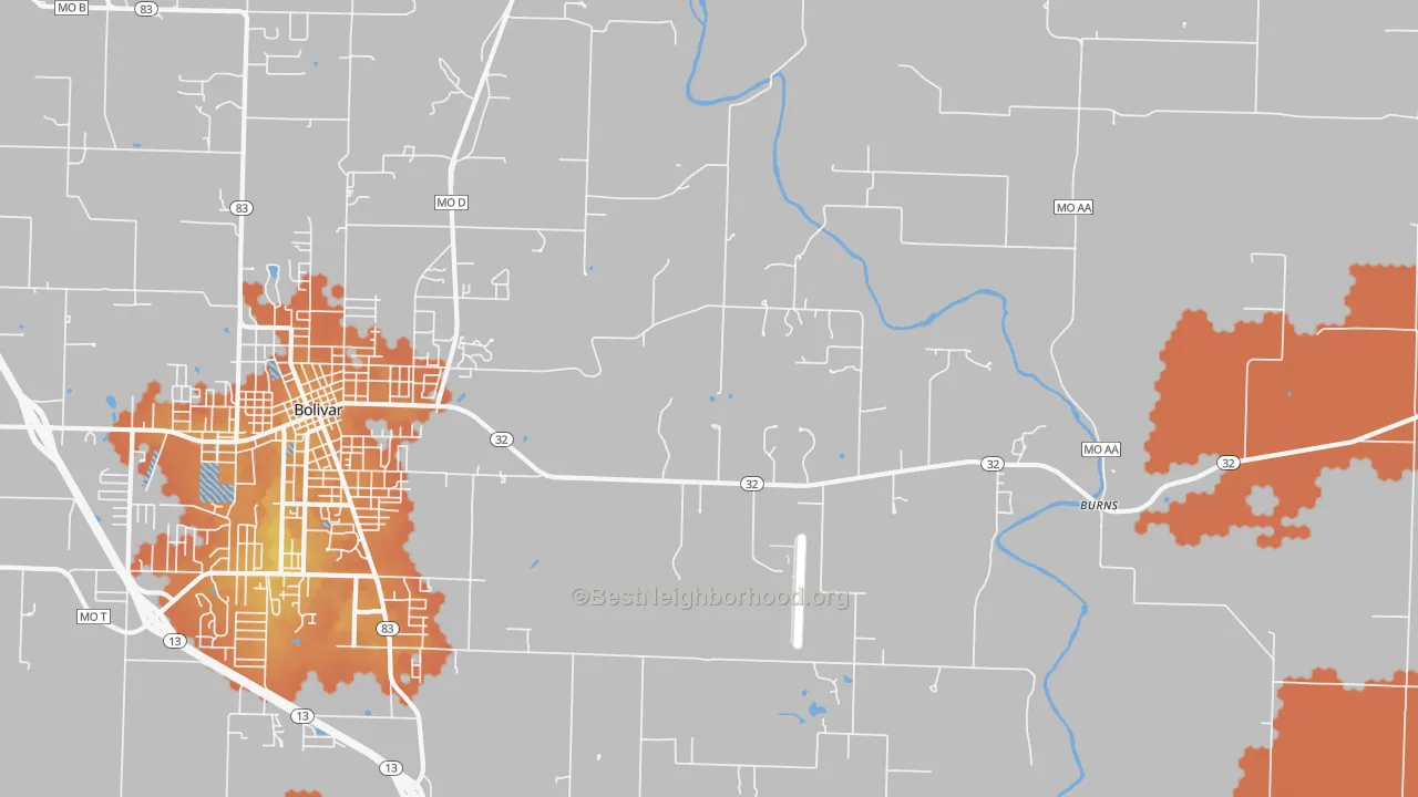 Bike Grade map of Burns, MO