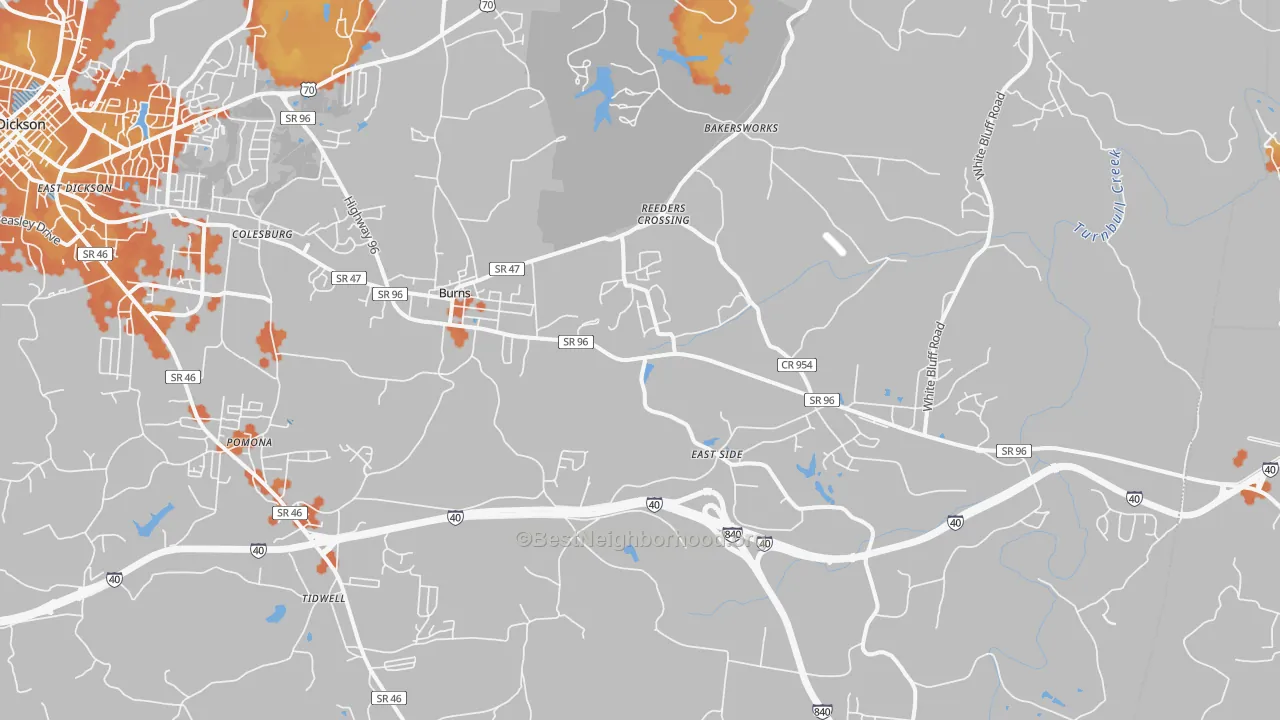 Bike Grade map of Burns, TN