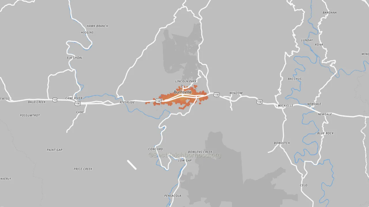 Bike Grade map of Burnsville, NC
