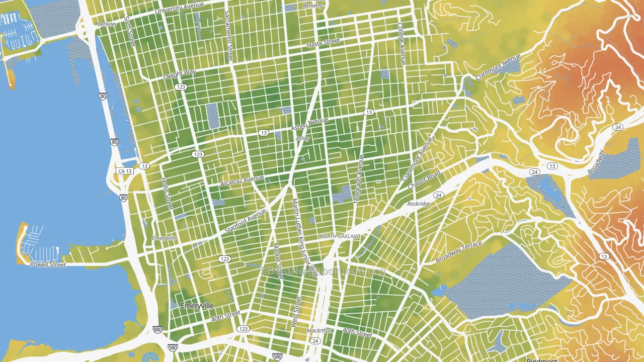 Bike Grade map of Bushrod, Oakland, CA