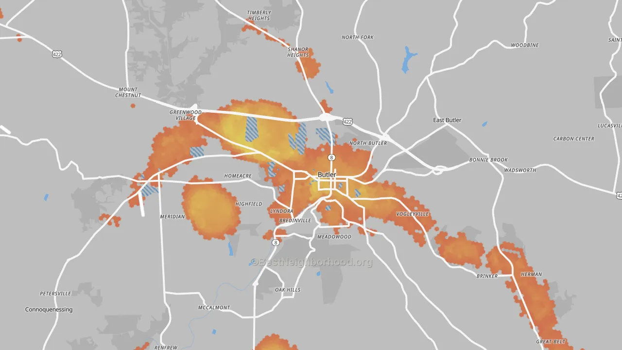 Bike Grade map of Butler, PA