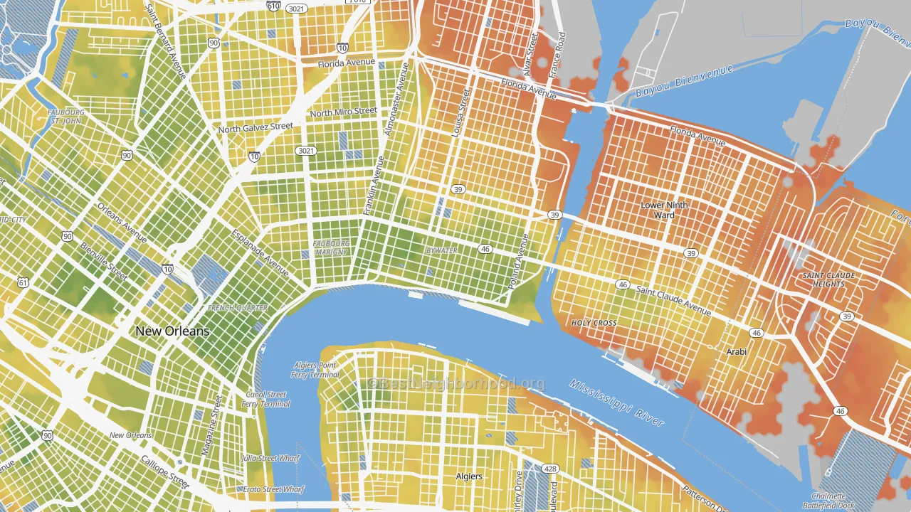 Bike Grade map of Bywater, New Orleans, LA