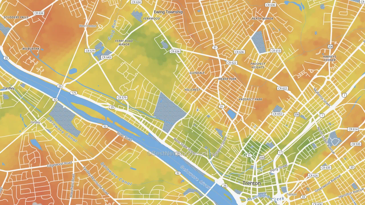 Bike Grade map of Cadwalader-Hillcrest, Trenton, NJ