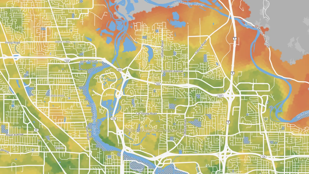 Bike Grade map of Cal Young, Eugene, OR