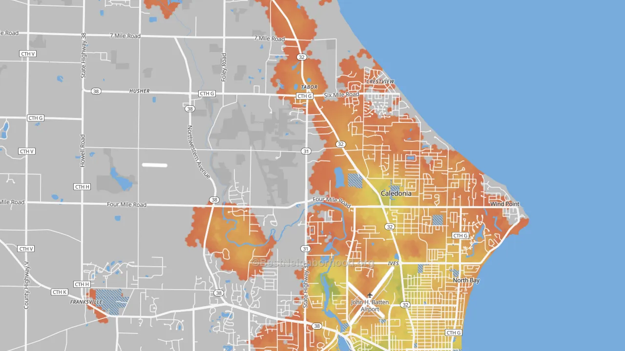 Bike Grade map of Caledonia, WI