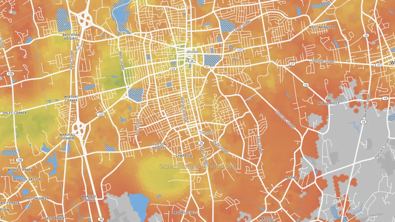 Bike Grade map of Campello, Brockton, MA