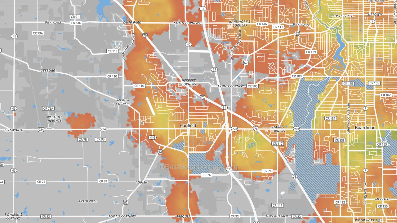 Bike Grade map of Canfield, OH