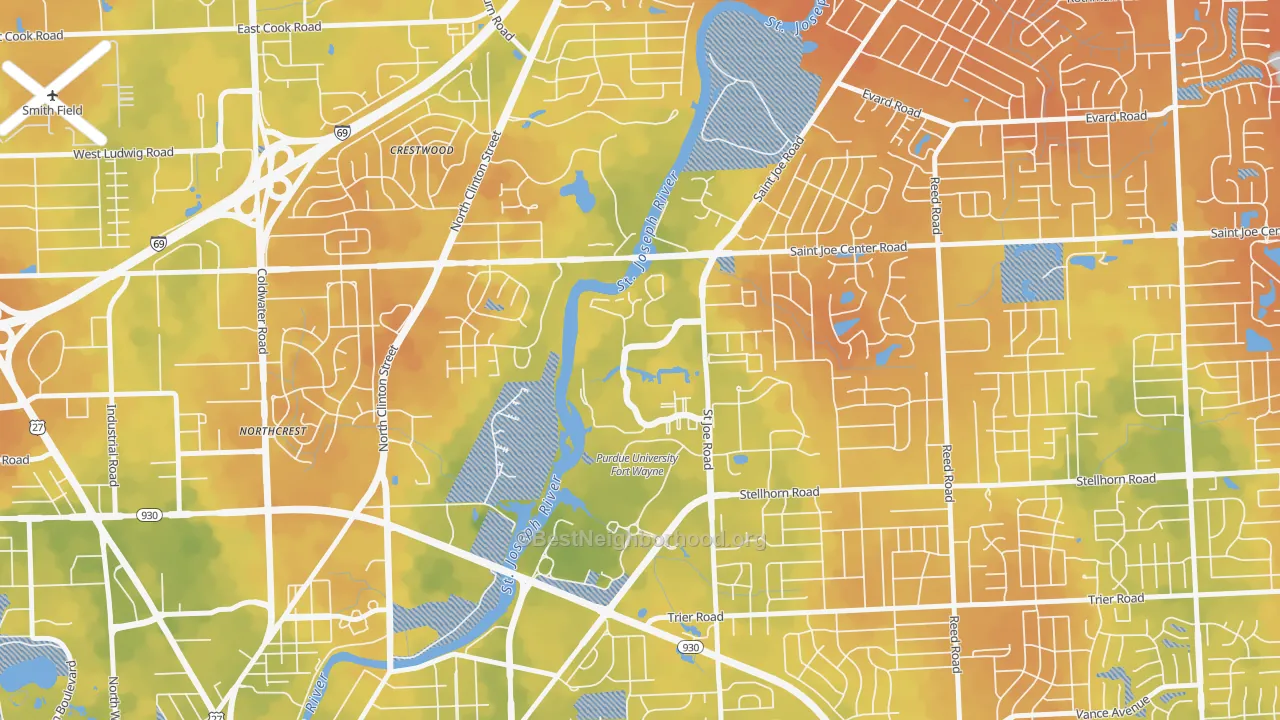 Bike Grade map of Canterbury Green, Fort Wayne, IN