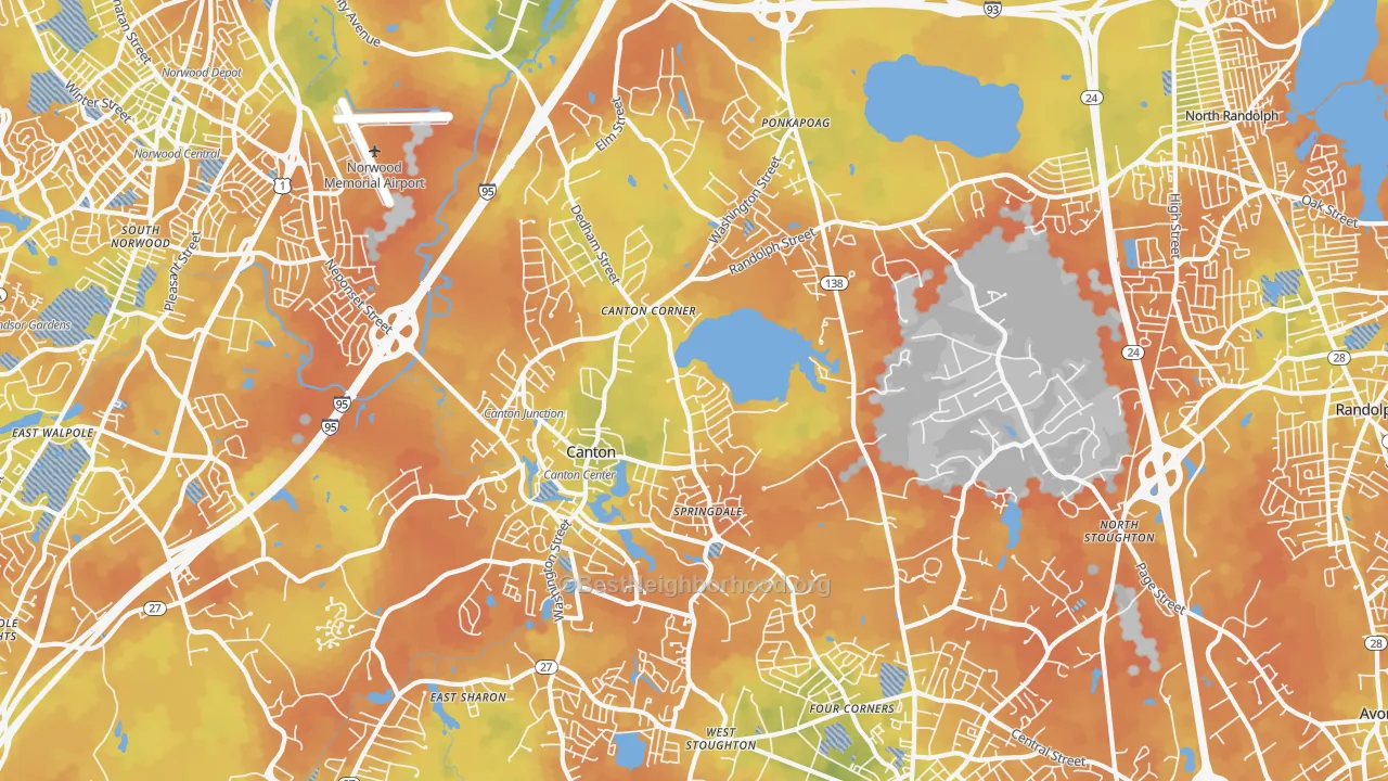 Bike Grade map of Canton, MA
