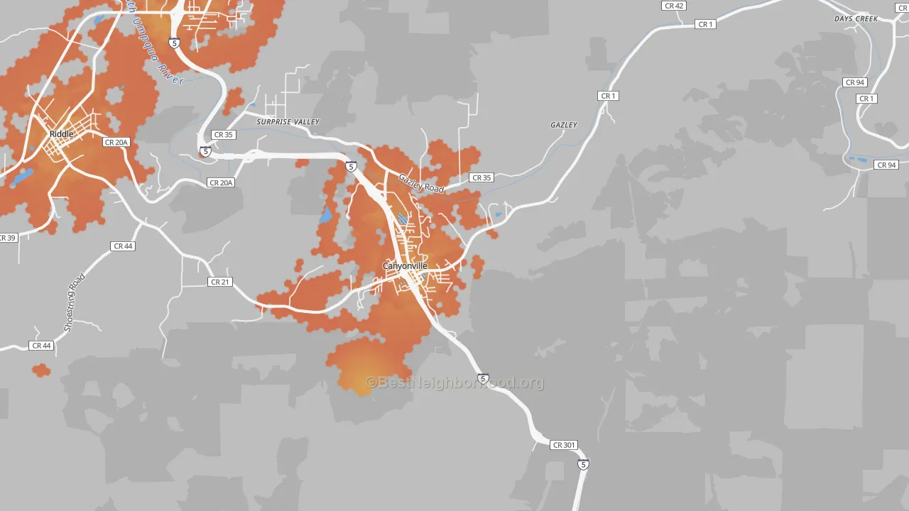 Bike Grade map of Canyonville, OR