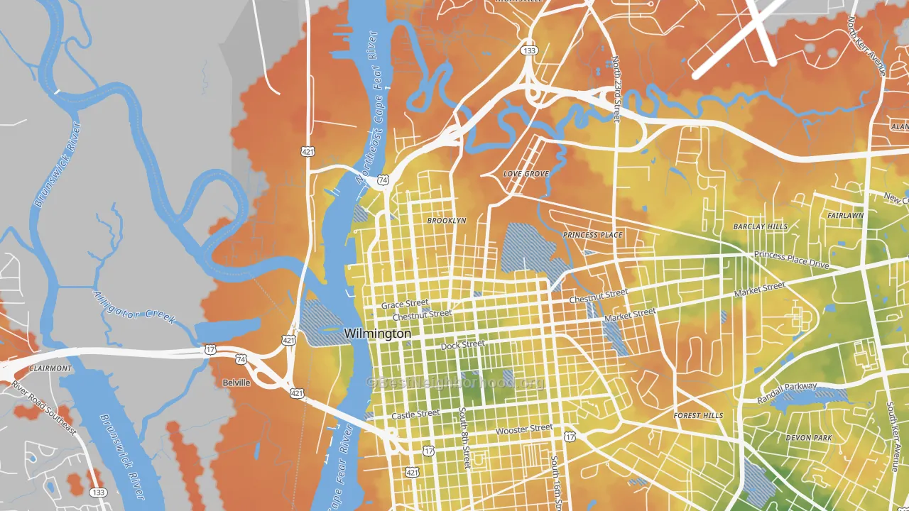 Bike Grade map of Carolina Heights, Wilmington, NC