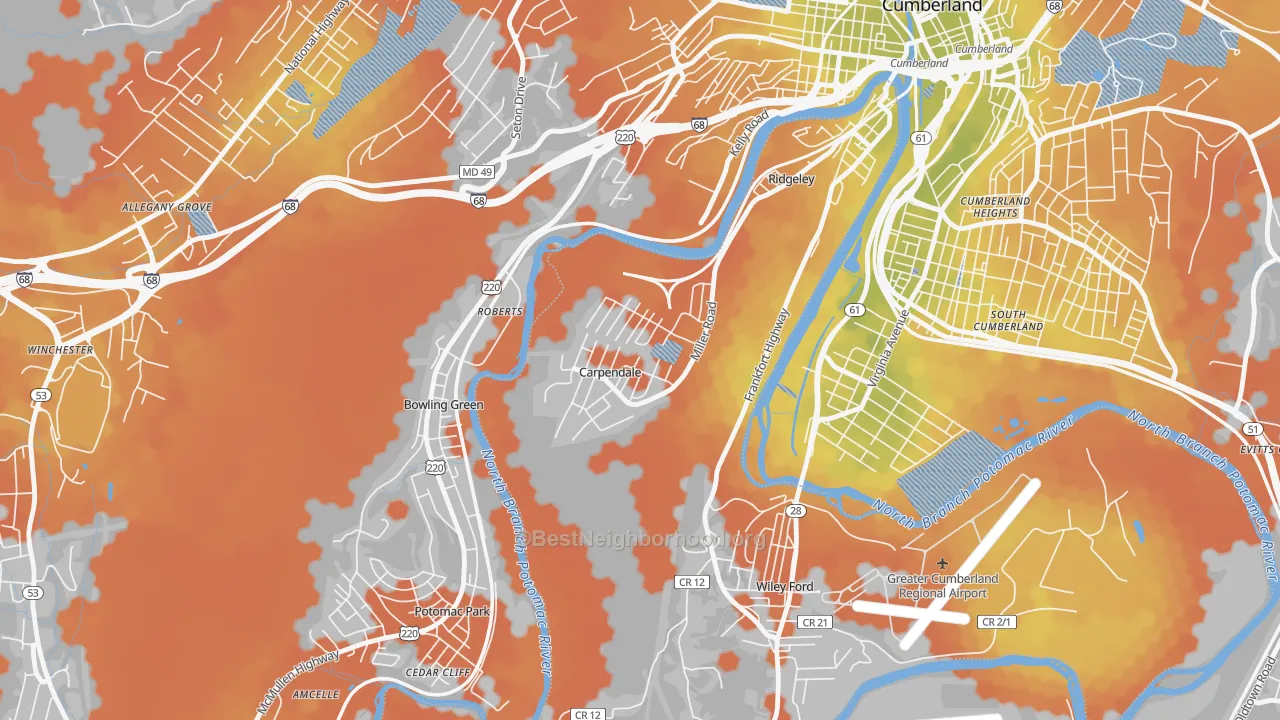 Bike Grade map of Carpendale, WV