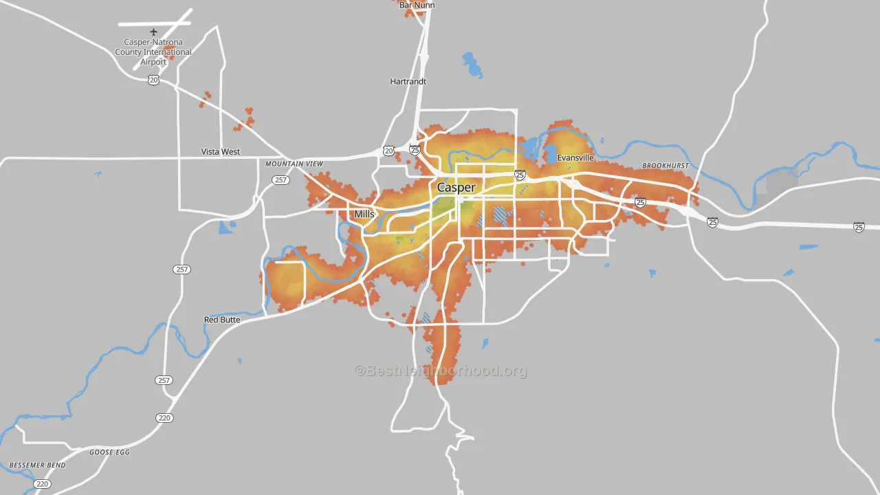 Bike Grade map of Casper, WY