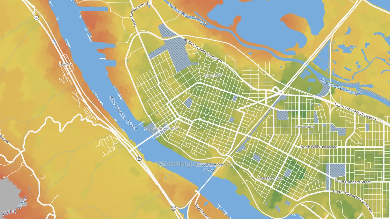 Bike Grade map of Cathedral Park, Portland, OR