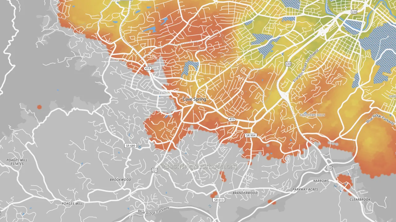 Bike Grade map of Cave Spring, VA