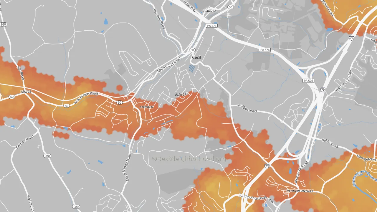 Bike Grade map of Cecil-Bishop, PA