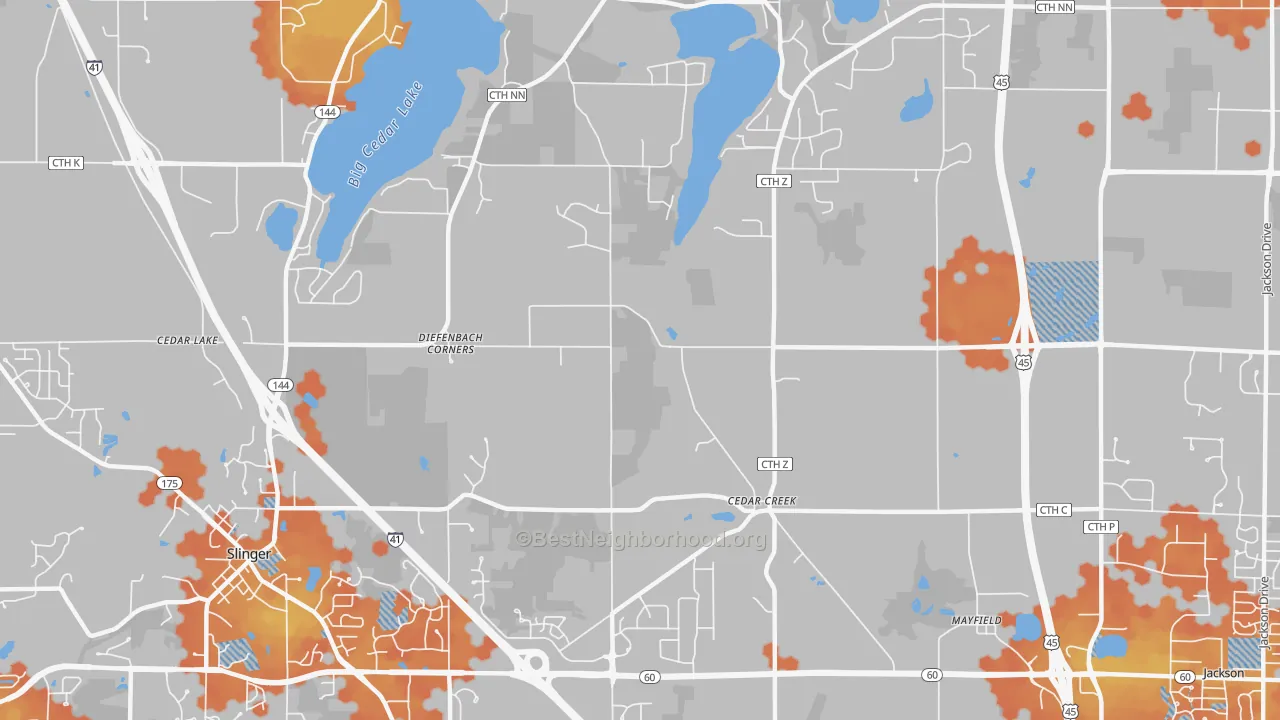 Bike Grade map of Cedar Creek, WI