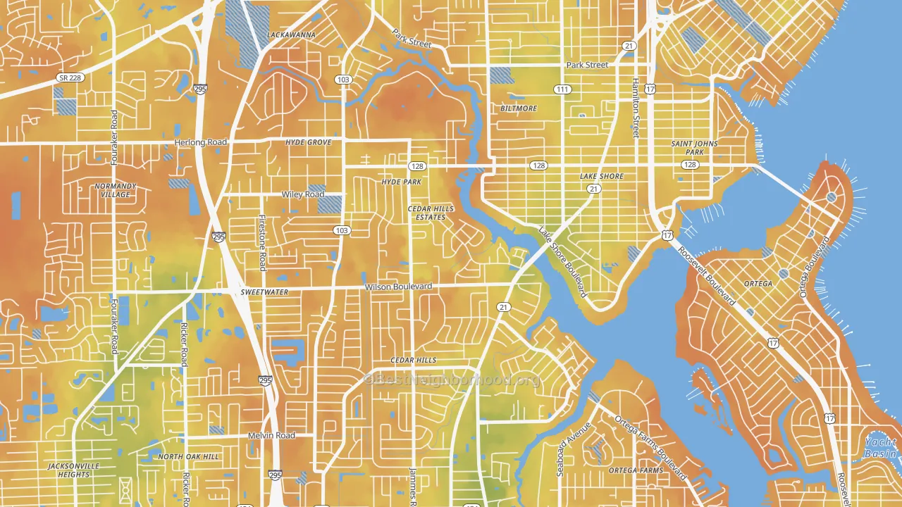 Bike Grade map of Cedar Hills Estates, Jacksonville, FL