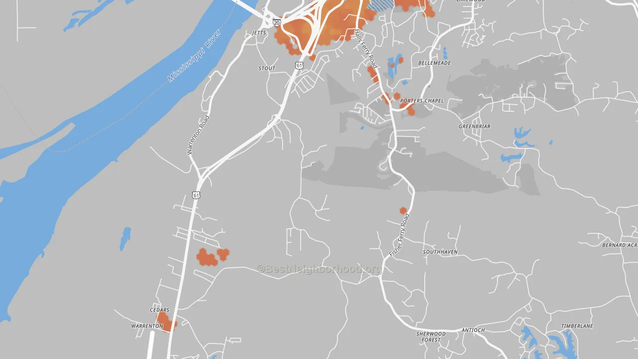 Bike Grade map of Cedars, MS
