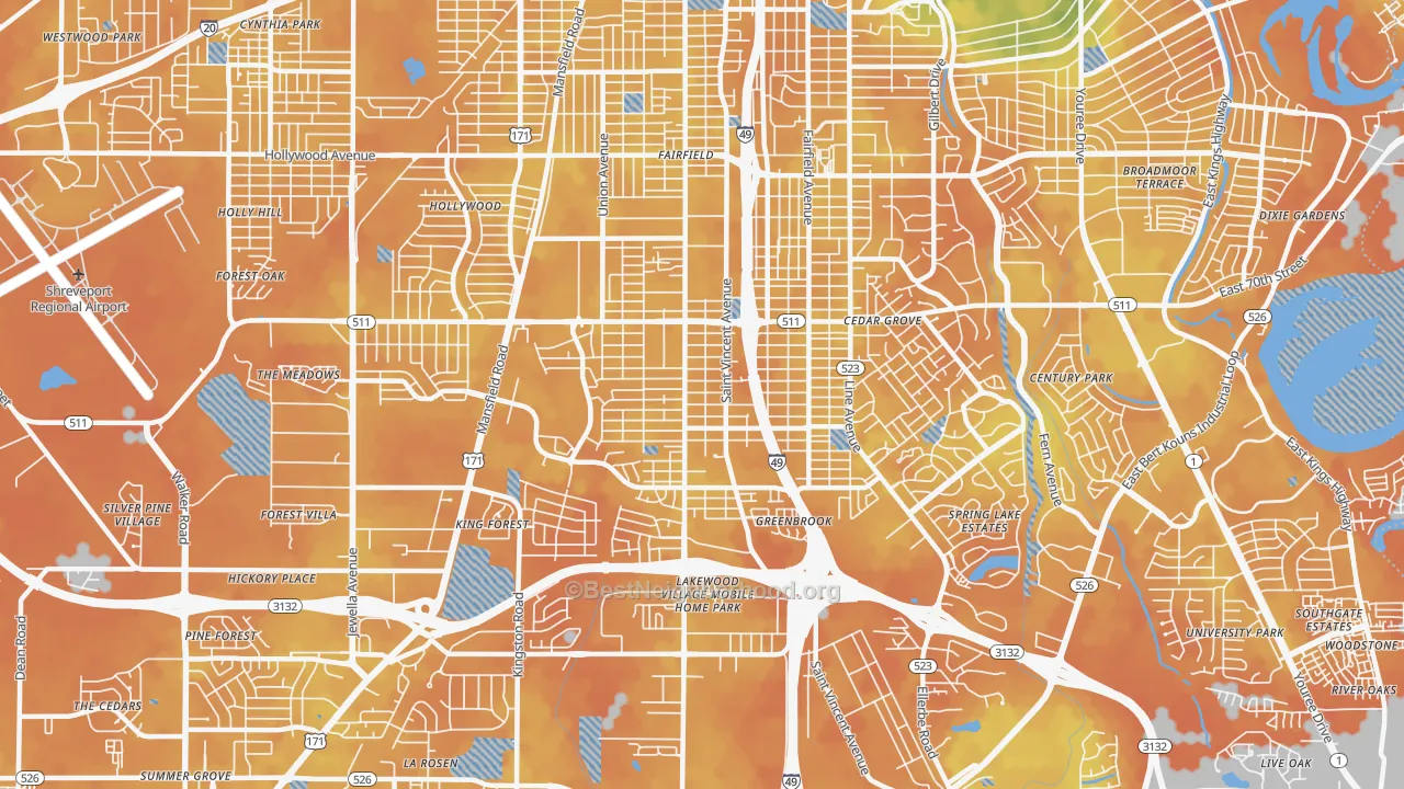 Bike Grade map of Ceder Grove-Lynbrook, Shreveport, LA