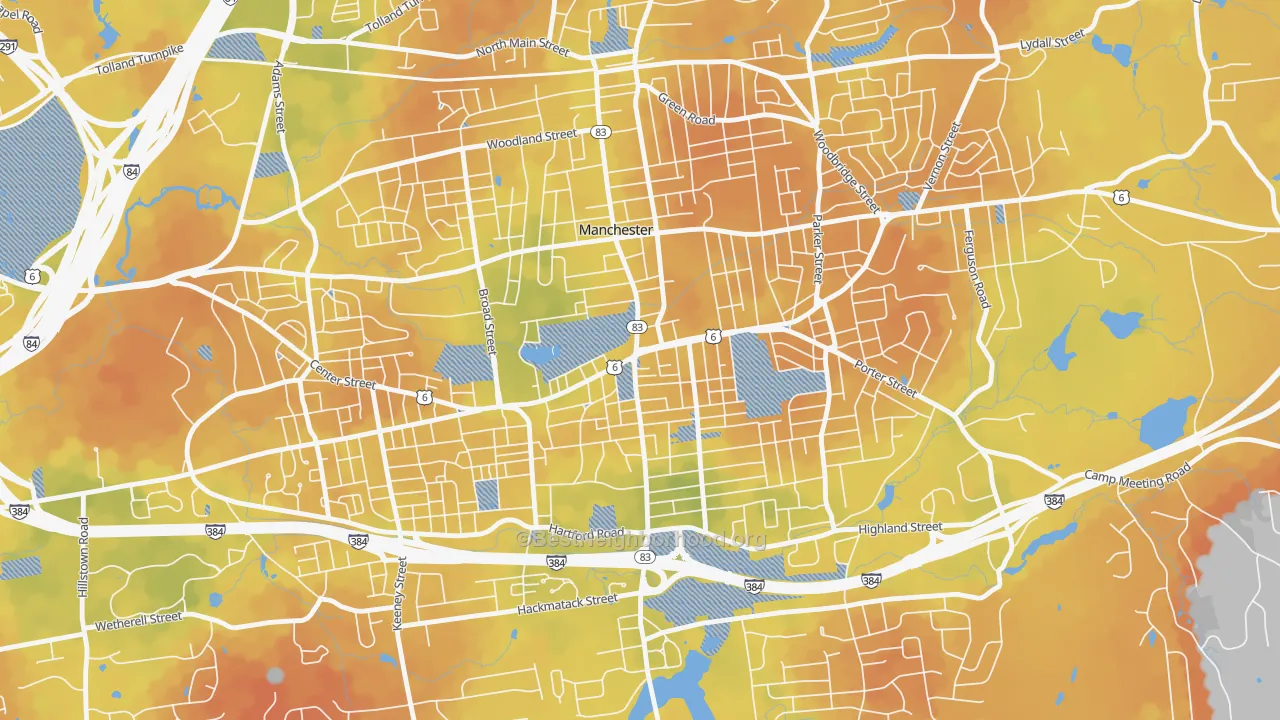 Bike Grade map of Center, Manchester, CT