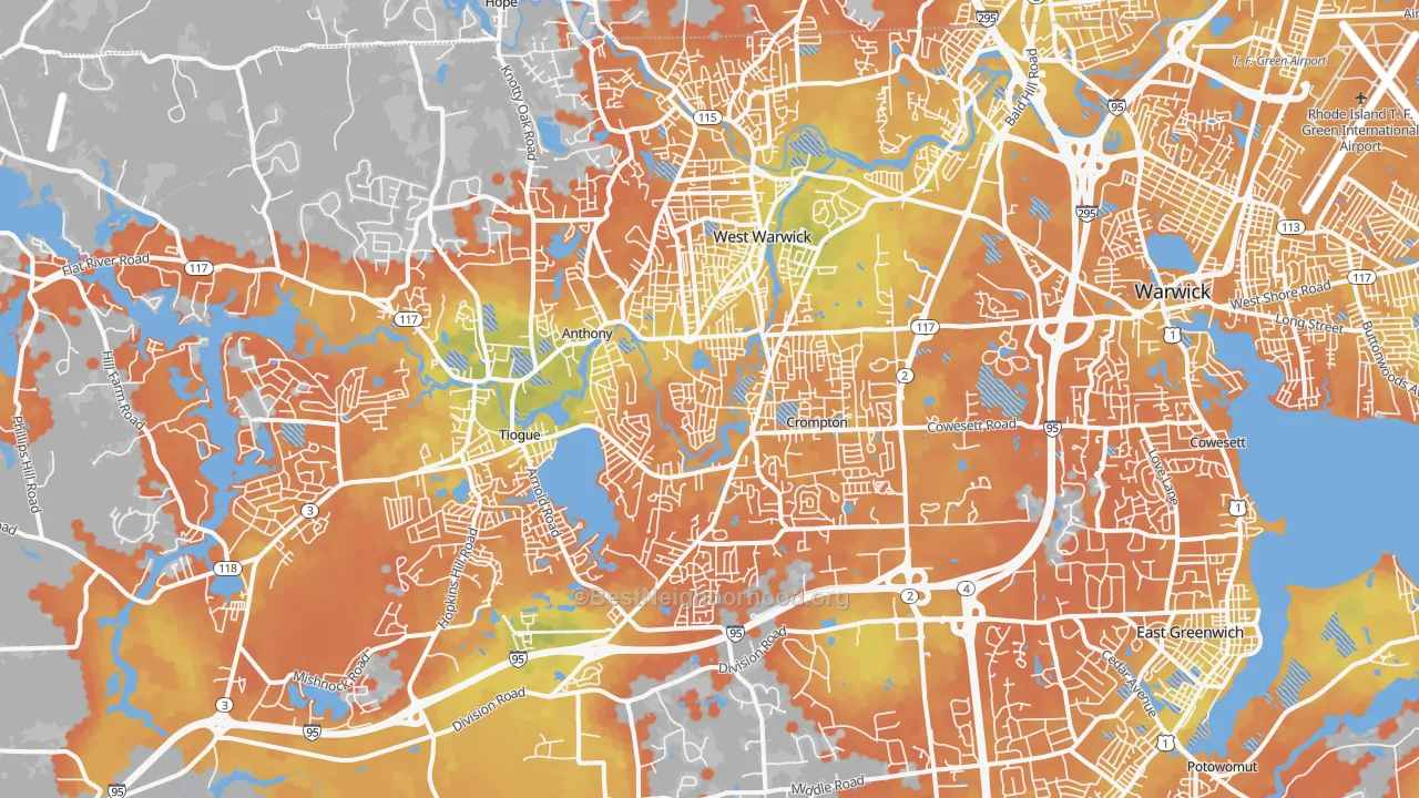 Bike Grade map of Centerville, West Warwick, RI