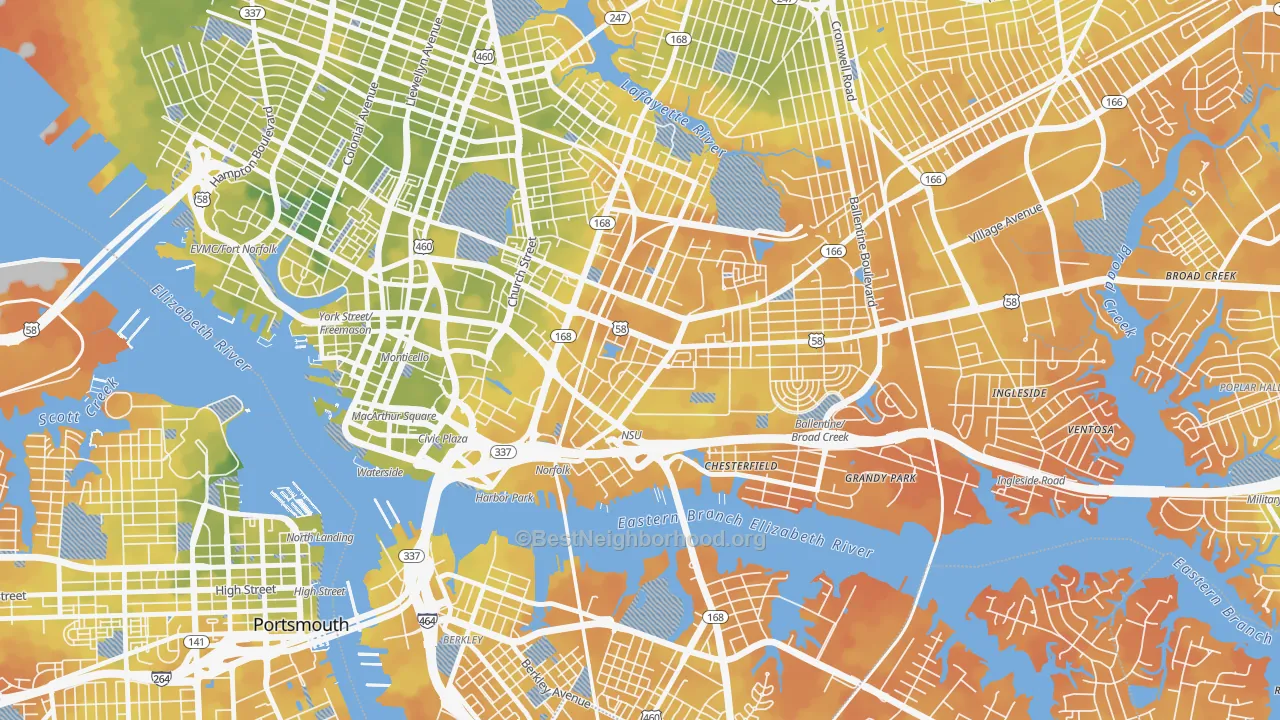 Bike Grade map of Central Brambleton, Norfolk, VA