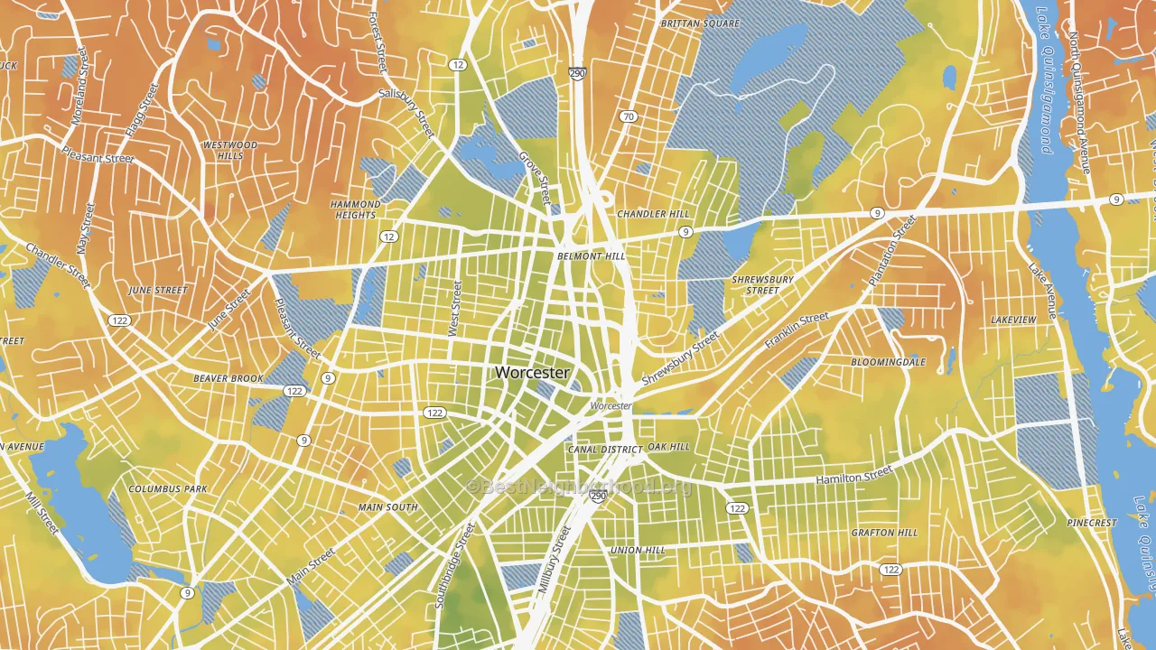 Bike Grade map of Central Business District, Worcester, MA