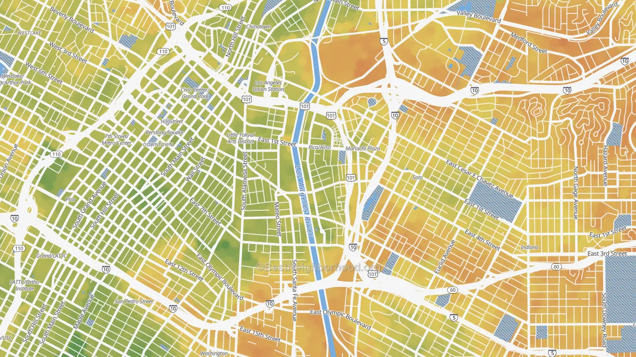 Bike Grade map of Central City East, Los Angeles, CA