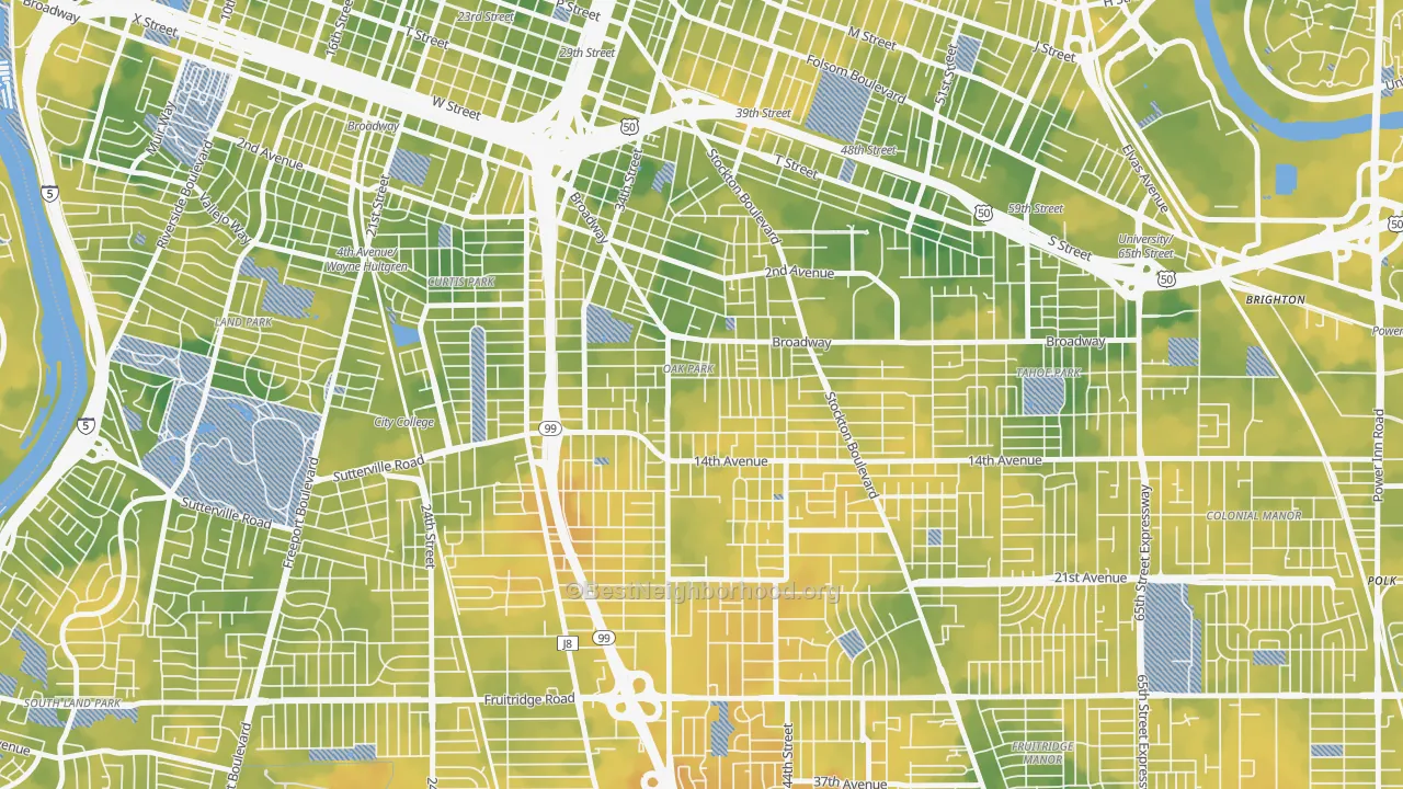 Bike Grade map of Central Oak Park, Sacramento, CA