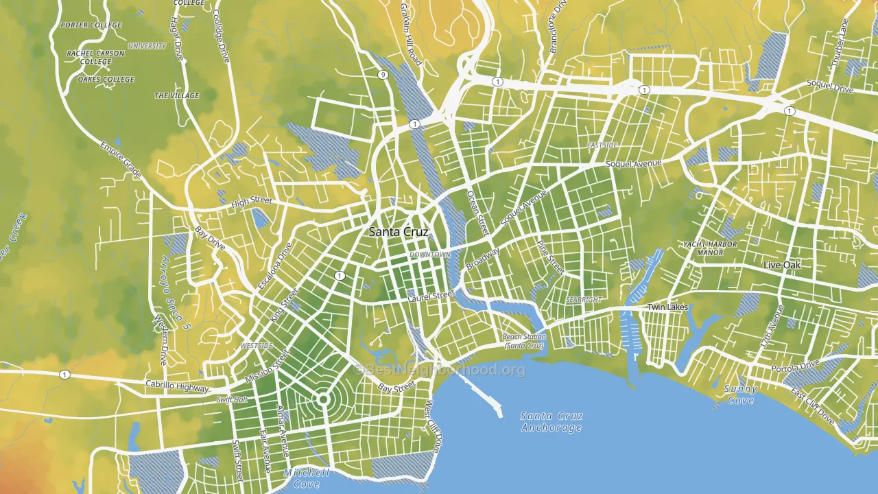 Bike Grade map of Central Santa Cruz, Santa Cruz, CA