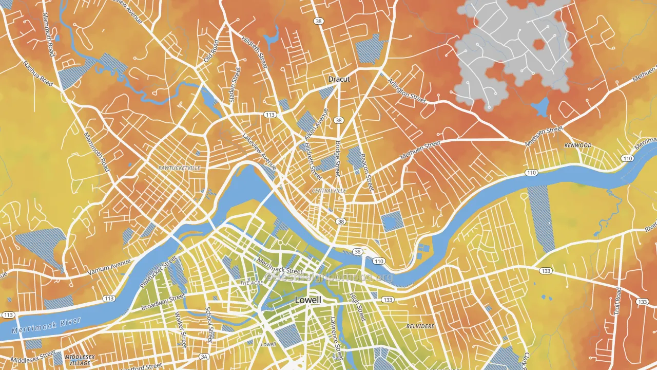 Bike Grade map of Centralville, Lowell, MA