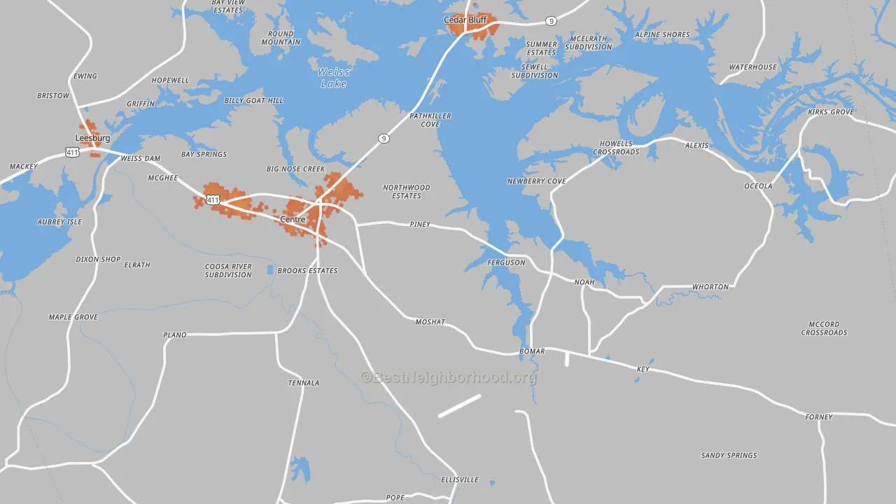 Bike Grade map of Centre, AL