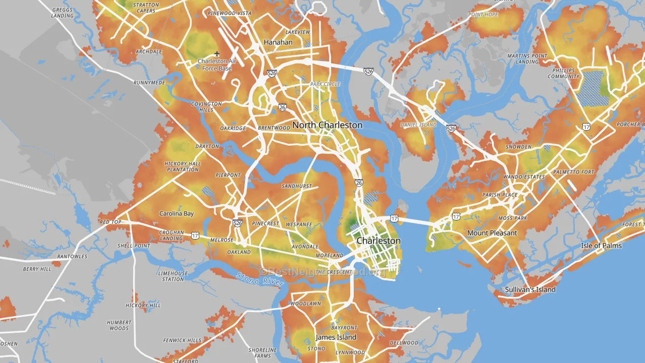 Bike Grade map of Charleston County, SC