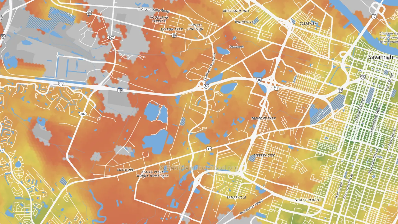 Bike Grade map of Chatham Parkway, Savannah, GA