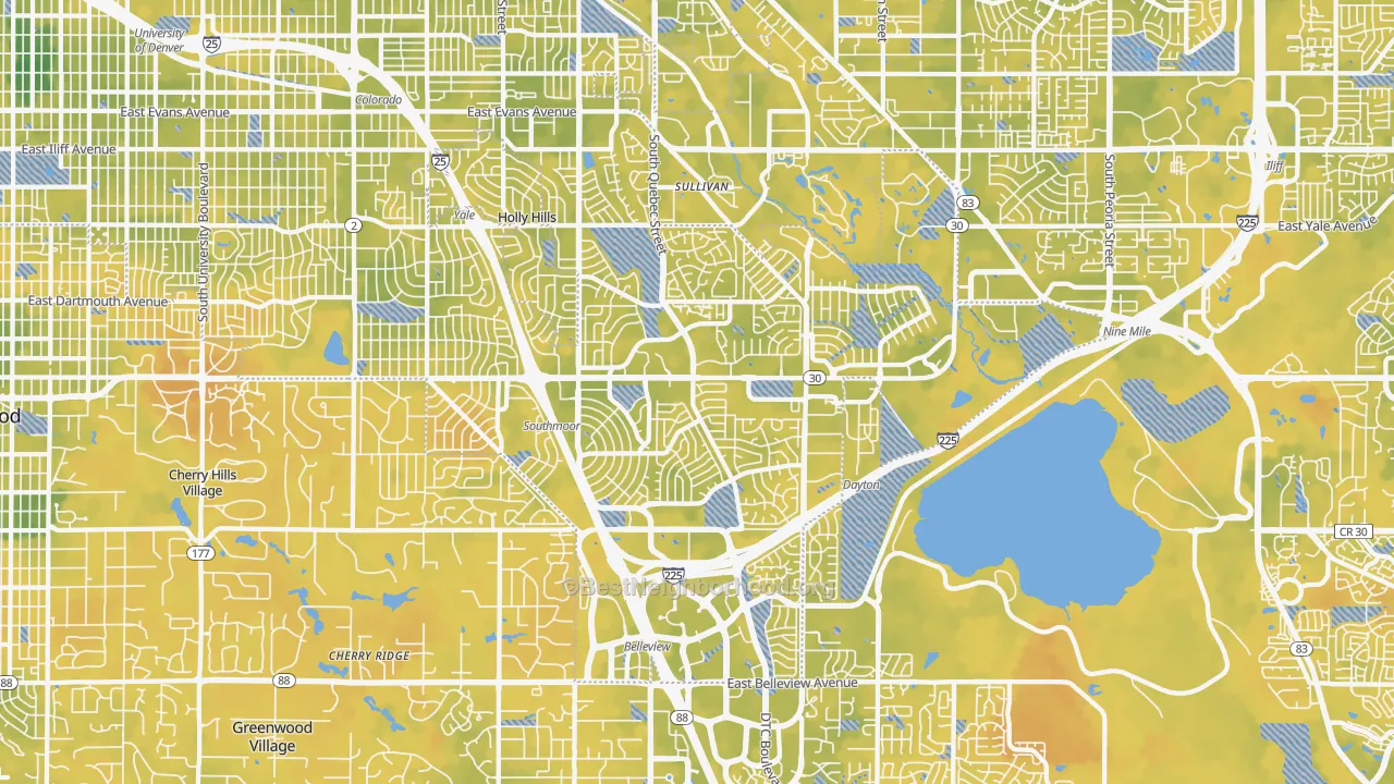 Bike Grade map of Cherry Creek, Denver, CO